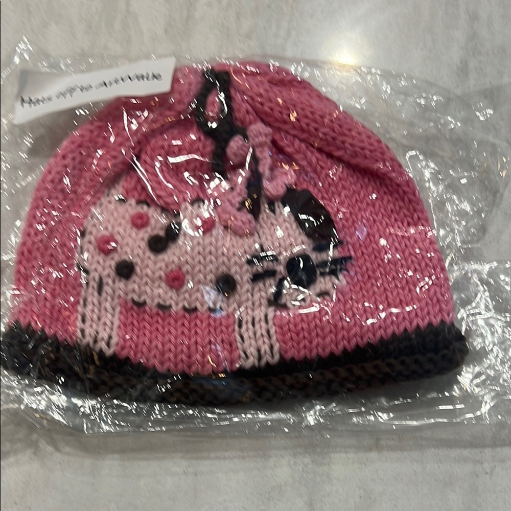 Never Used, still in packaging,Pink and Black Knit Beanie with Animal Design